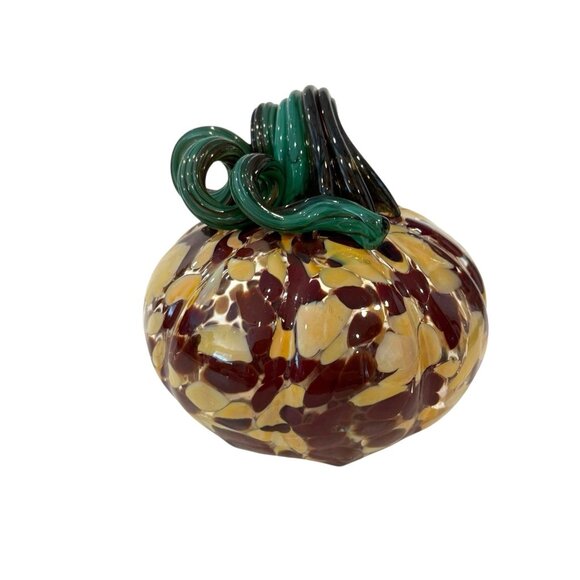 Hand Blown Art Glass Pumpkin Gourd Brown Beige Green Stem Autumn Decor Signed 5" - Picture 3 of 7